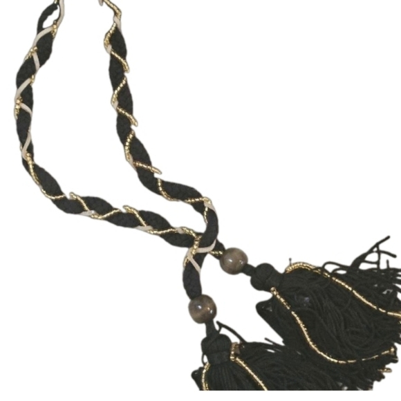 Hand Crafted Crochet Bucket Bag Tassel Beaded Drawstring Crossbody Purse Black - Picture 11 of 17